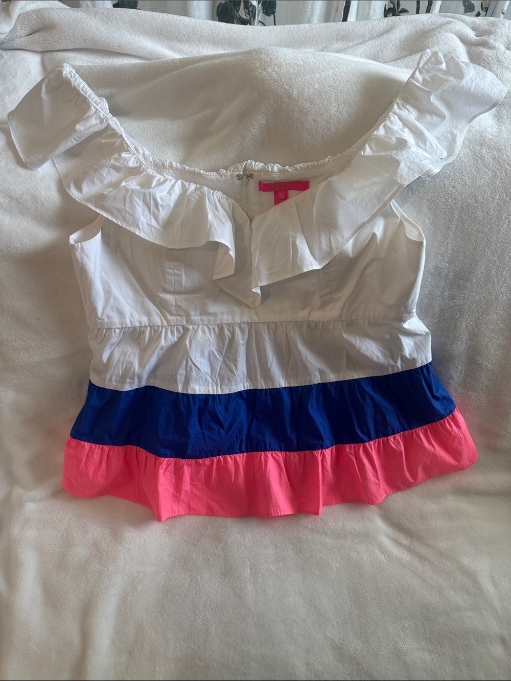 Lilly Pulitzer Girls Ruffled Tank Top - White, Blue & Hot Pink